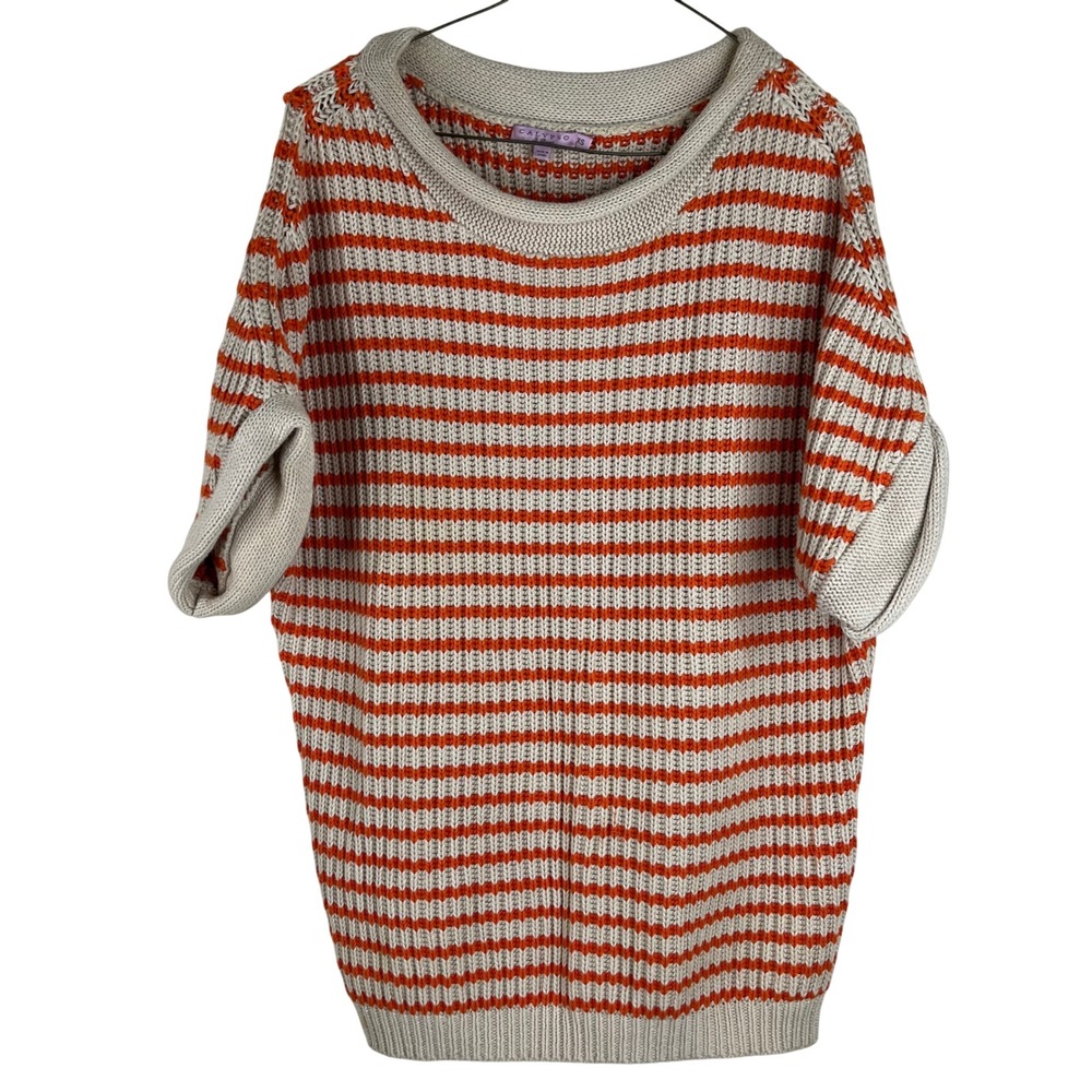 Calypso St. Barth Sweater Womens XS Orange Cream Striped Cotton Short Sleeve